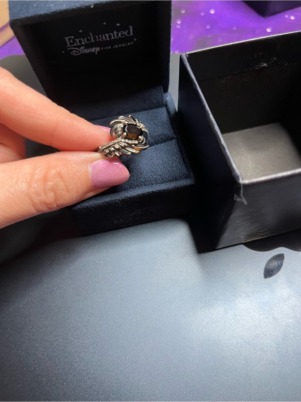 Disney Enchanted Silver Leaf Ring with Black Stone